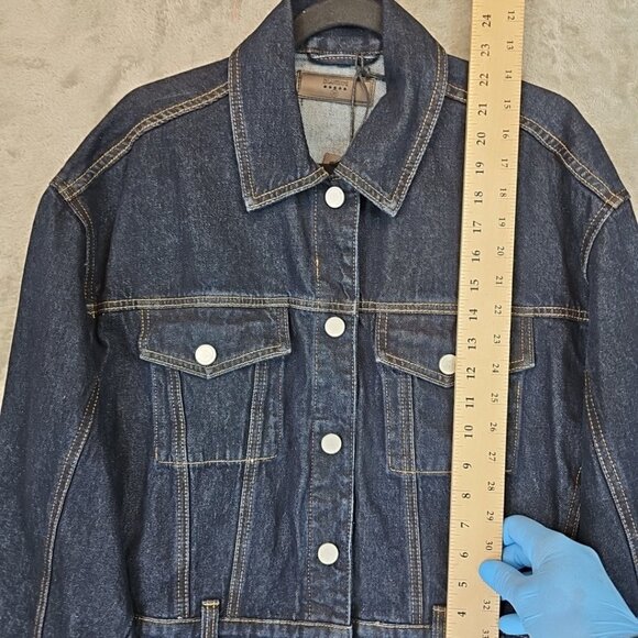 BLANKNYC Wide Hem Trucker Denim Jacket Womens Size XS Dark Blue Oversized Cotton - Picture 12 of 16